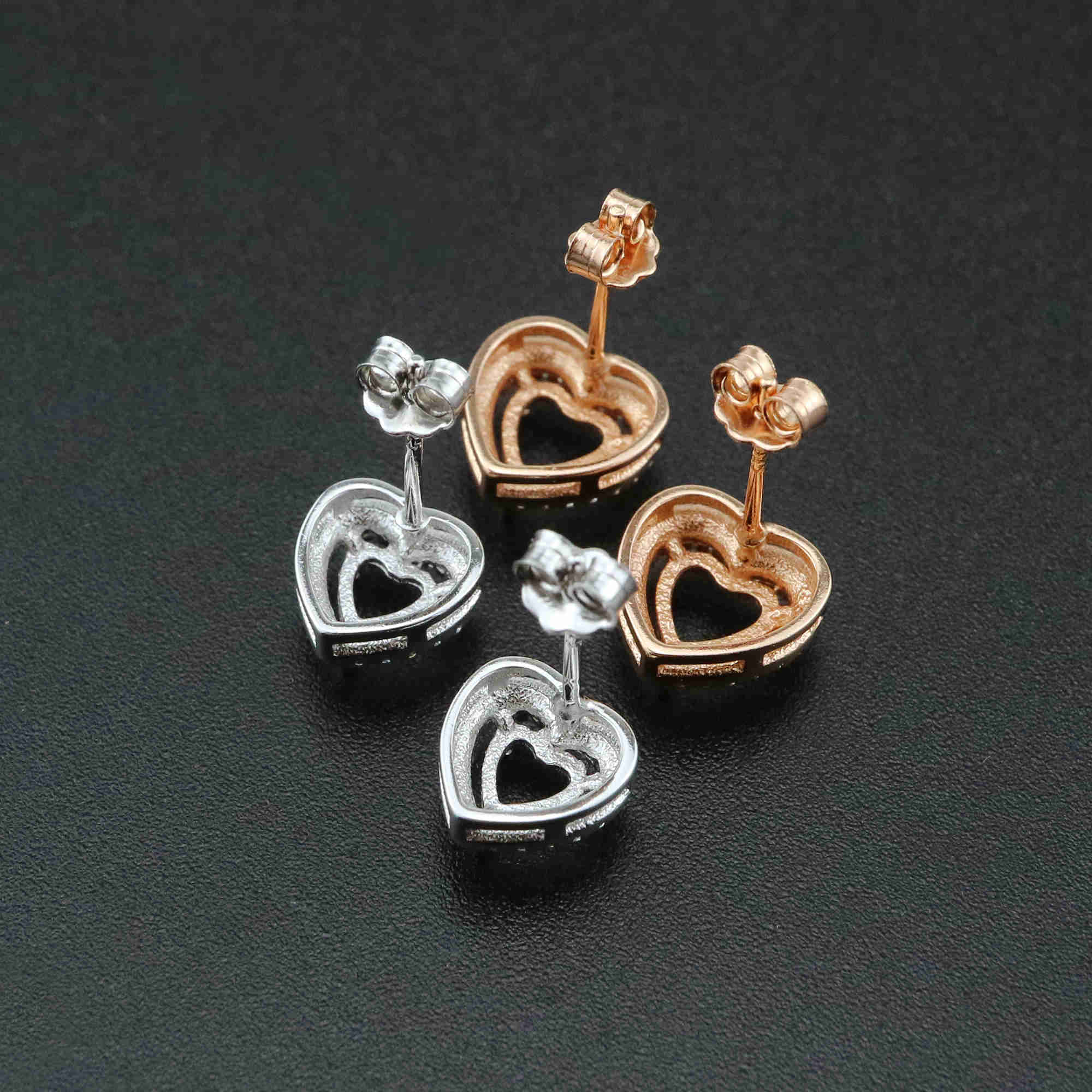 1Pair 5-6MM Rose Gold Plated Solid 925 Sterling Silver Heart Prong Bezel DIY Studs Earrings Settings for Gemstone Jewelry Supplies 1706051 - Click Image to Close